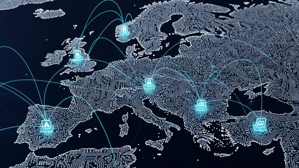 Europakarte als digitale Leiterplatte mit leuchtenden Sicherheits-Icons und Netzwerkverbindungen, die die EU-weite Cloud-Regulierung symbolisieren.