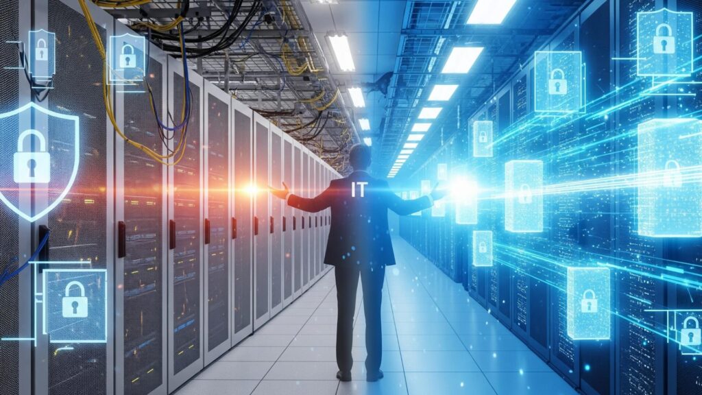 Manager in einem Serverraum mit holografischen Sicherheitssymbolen visualisiert Cloud-Compliance und digitale Kontrolle. (Bild: Google Gemini/stk)