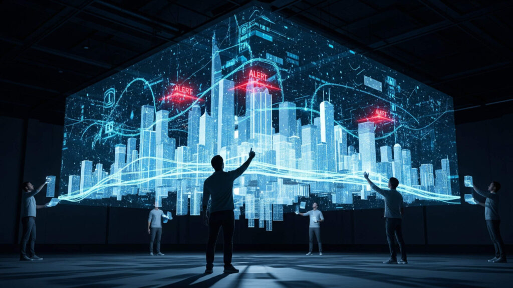 Sicherheitsexperten analysieren holografische Stadtprojektion mit markierten Cyber-Risikozonen und Alarmsignalen in einem futuristischen Kontrollzentrum. (Bild: Google Gemini/stk)