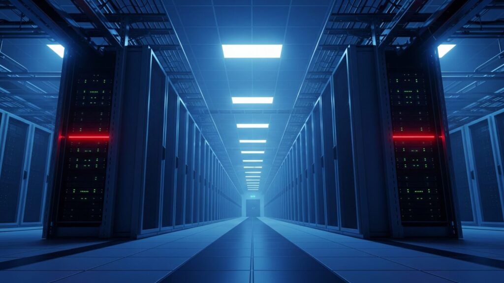Symmetrischer Blick in einen Rechenzentrumskorridor mit Serverracks, beleuchtet von blauen und roten LEDs. Lange Reihen erzeugen Eindruck von Tiefe und technologischer Präzision. (Bild: Google Gemini/stk)