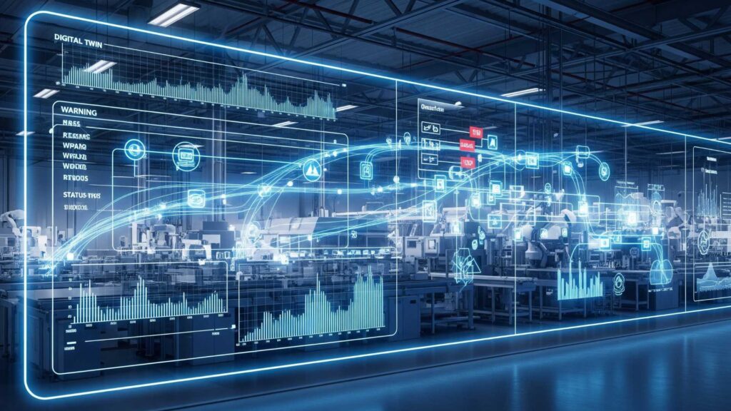 Digitaler Zwilling einer Industrieanlage zur Optimierung und Überwachung von Lieferketten mit holografischen Datenvisualisierungen