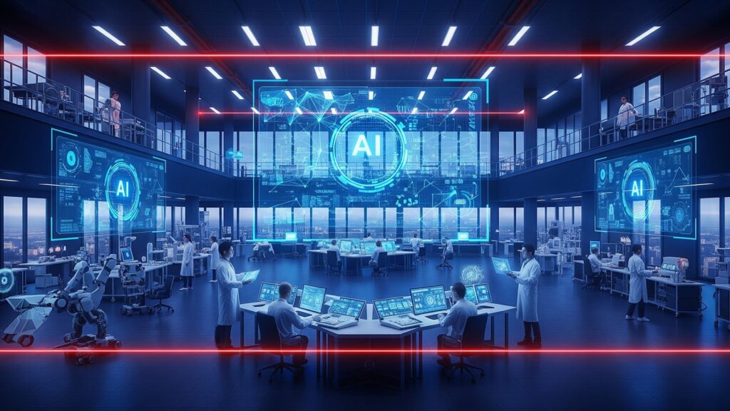 ((BILD ALT-TEXT)) Futuristisches KI-Forschungszentrum: Wissenschaftler an holografischen Displays mit AI-Visualisierungen. Mehrstöckige offene Architektur, rote Datenströme verbinden Arbeitsstationen. Europäische KI-Exzellenz in moderner Laborumgebung.