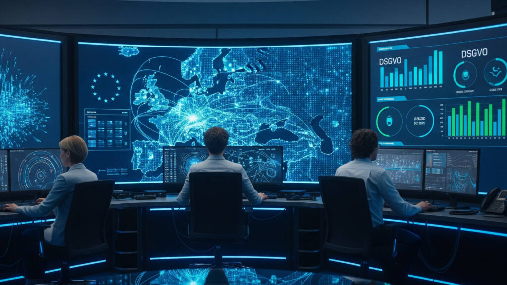 Europäisches Kontrollzentrum für DSGVO-konforme Workplace-Lösungen: Drei IT-Spezialisten überwachen Datenströme auf einer digitalen Europakarte für maximale digitale Souveränität.