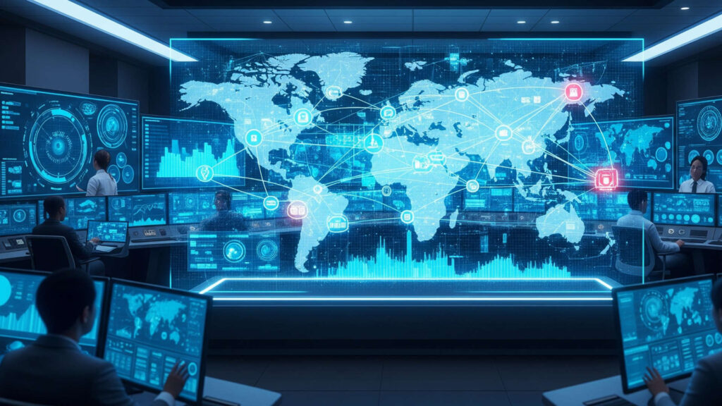 Globales Kontrollzentrum für digitale Lieferketten mit weltweiter Netzwerkvisualisierung und Echtzeit-Datenanalyse (Bild: Google Gemini/stk)