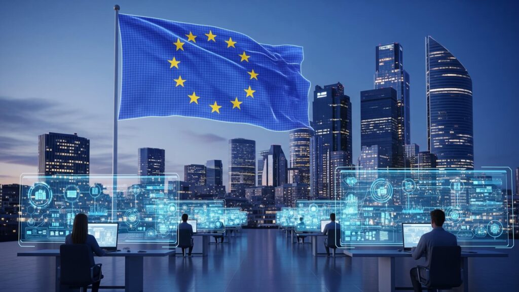 KI-Governance in Europa: Nächtliche Stadtsilhouette mit EU-Flagge, davor Arbeitsplätze mit leuchtend blauen Datennetzwerken und Visualisierungen. Das Bild symbolisiert Europas digitale Souveränität und vernetzte KI-Strategie.