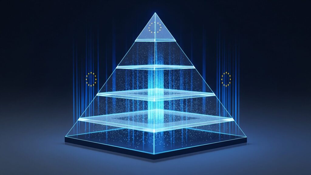 KI-Governance-Pyramide: Europäische Werte und EU-Sterne durchdringen alle Ebenen des Modells und etablieren ethische Leitplanken für vertrauenswürdige künstliche Intelligenz gemäß EU AI Act.