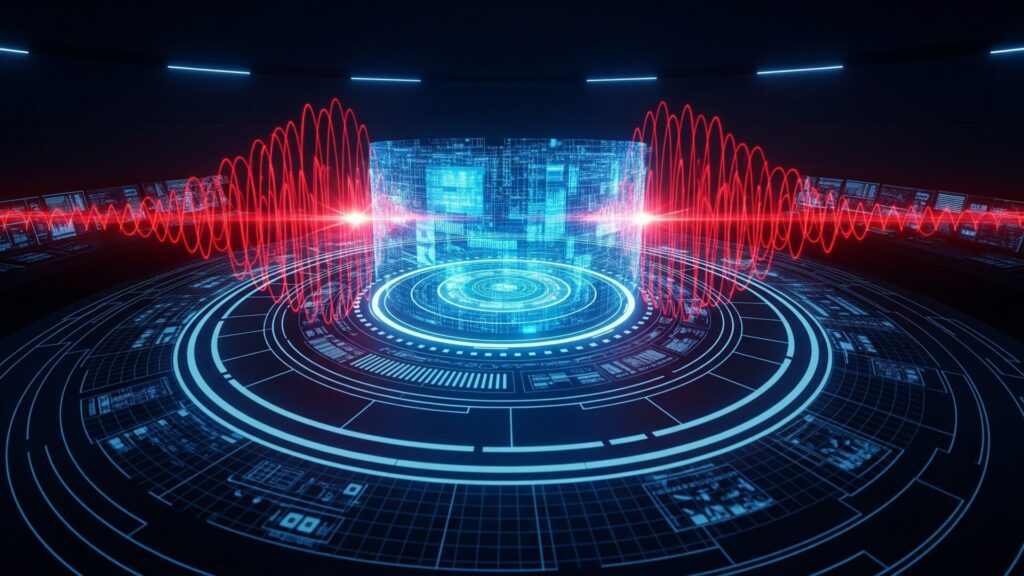 Futuristisches Zero-Trust-Sicherheitssystem aus der Vogelperspektive: Konzentrische blaue Schutzschichten bilden mehrere Sicherheitsebenen um zentrale Unternehmensdaten, während rote Angriffsversuche von allen Seiten abgewehrt werden. Visualisierung eines mehrstufigen KI-Governance-Modells.