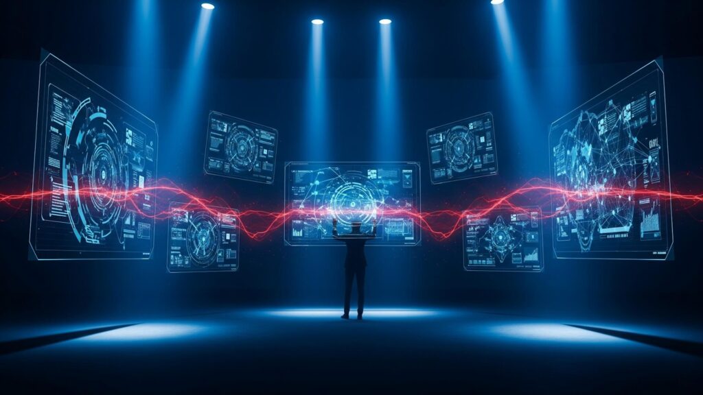 Europäische KI-Souveränität: Strategische Übersicht vernetzter Datenströme und KI-Analysen in einem EU-Technologiezentrum – Symbol für Europas selbstbestimmten Weg bei KI-Entwicklung, Datenkontrolle und technologischer Unabhängigkeit im internationalen Wettbewerb.