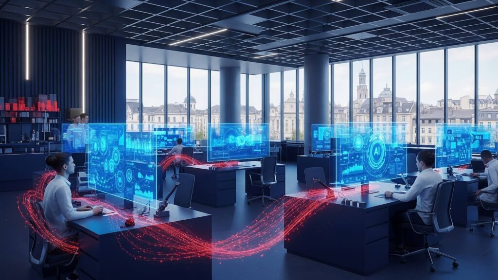 Innovatives europäisches KI-Technologiezentrum: offenes Büro mit Skyline-Blick. Mitarbeiter an Computern mit holografischen KI-Schnittstellen. Rote Datenströme symbolisieren vernetzte Innovationsumgebung für KI-Talentförderung.