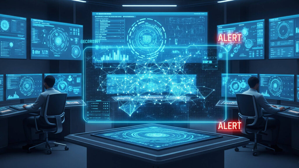 Hightech-Kontrollraum für Lieferketten-Risikomanagement mit holografischen Displays und Echtzeit-Warnmeldungen