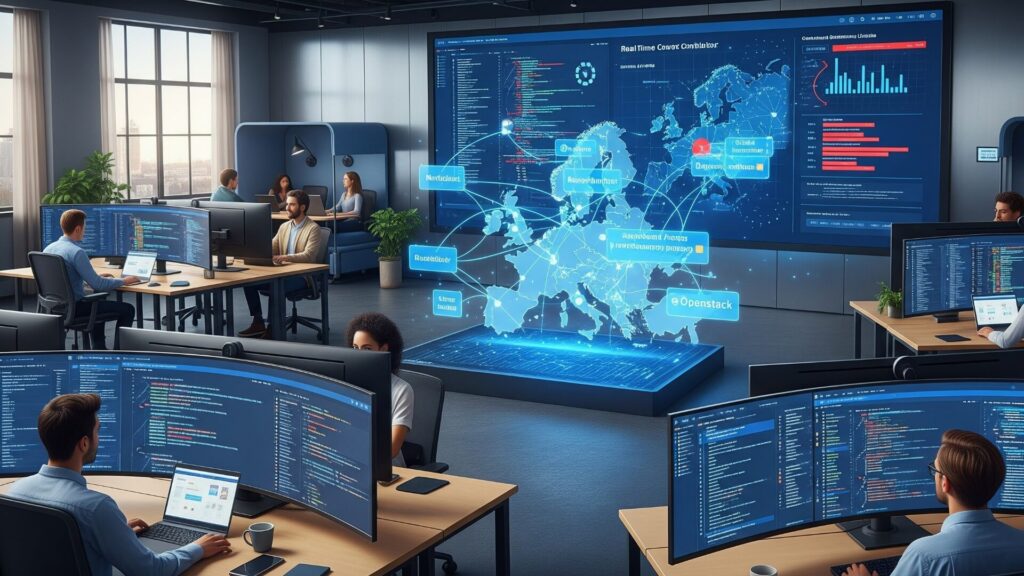 IT-Fachleute arbeiten an Computern vor einer digitalen Europakarte mit Cloud-Technologien wie AI, Blockchain und OpenStack (Bild: Google Gemini/stk)