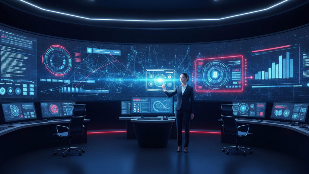 Moderne Kontrollzentrale für Open-Source-Governance: Eine Expertin analysiert Daten auf einer geschwungenen Monitorwand mit komplexen Visualisierungen für SBOM-Management und Sicherheitsanalysen in Blau- und Rottönen.