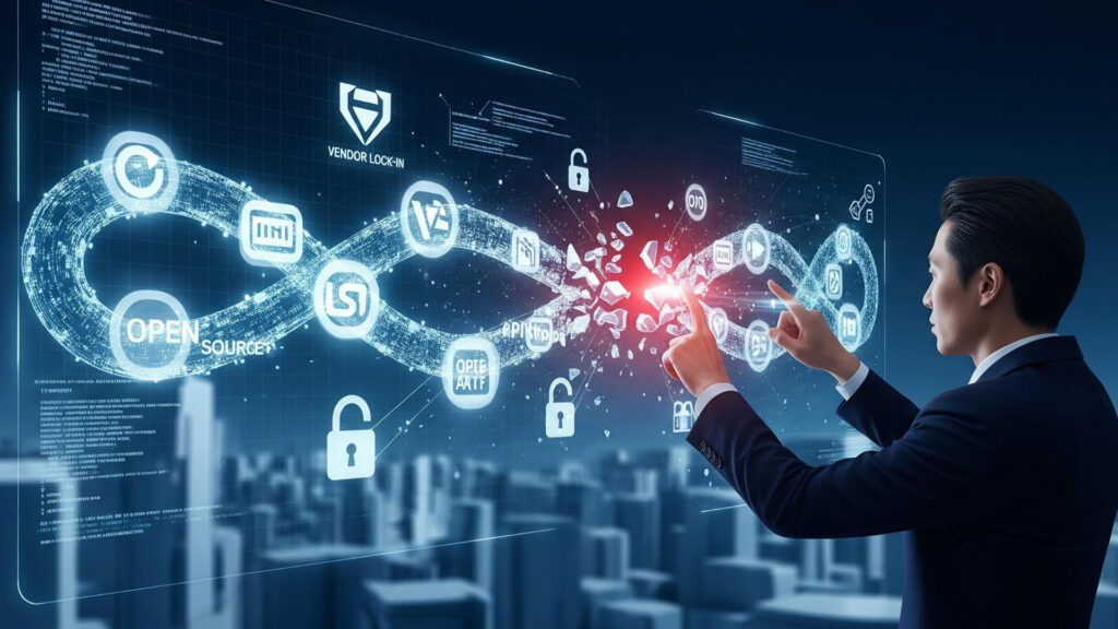 Ein Geschäftsmann interagiert mit einer holografischen Anzeige, auf der eine digitale Kette aufbricht – ein Symbol für die Befreiung aus der Abhängigkeit und den Weg zur digitalen Souveränität. (Bild: Google Gemini/stk)