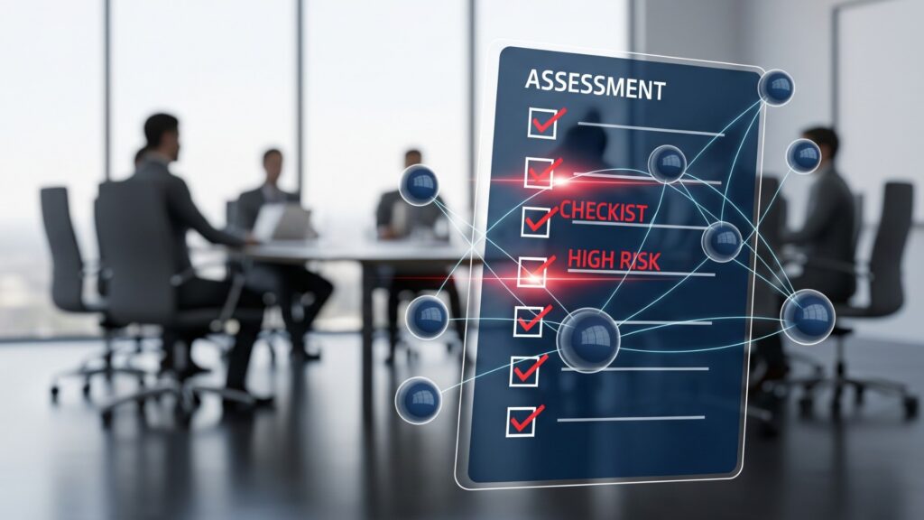 Holografische Risikobewertungs-Checkliste in einem Konferenzraum – sie symbolisiert den Selbstcheck zur Einschätzung digitaler Abhängigkeiten und IT-Risiken.