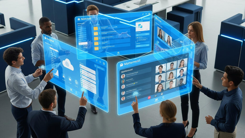 Geschäftsteam arbeitet kollaborativ mit europäischen Workplace-Lösungen: Sieben Fachkräfte interagieren in einem modernen Büro mit holografischen Displays, die Nextcloud für die Dateiverwaltung und Mattermost für die Teamkommunikation zeigen. (Bild: Google Gemini/stk)