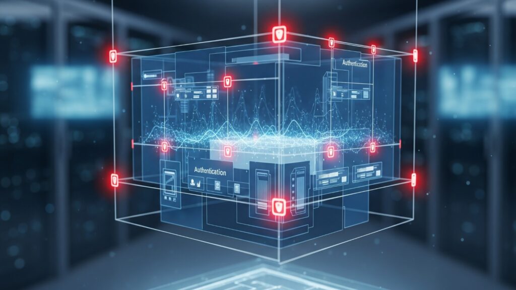 Holografische 3D-Darstellung eines Zero-Trust-Sicherheitskonzepts: Transparenter Würfel mit mehrschichtigen Authentifizierungsebenen, blaue Datenströme durchfließen die Struktur, rote Sicherheitsknoten markieren Verifikationspunkte. (Bild: Google Gemini/stk)