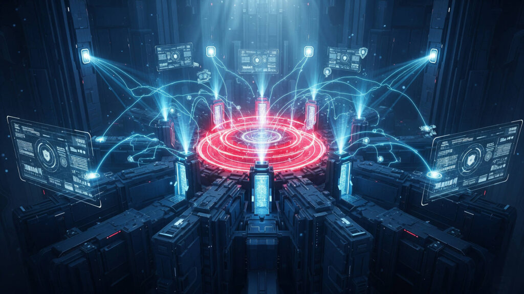 Ein futuristisches Kontrollzentrum mit einem zentralen, pulsierenden roten Energiering. Blaue Lichtlinien verbinden ihn mit kreisförmig angeordneten Bildschirmen. Die dunkle Maschinenkulisse unterstreicht den industriellen Sci-Fi-Look. (Bild: Google Gemini/stk)